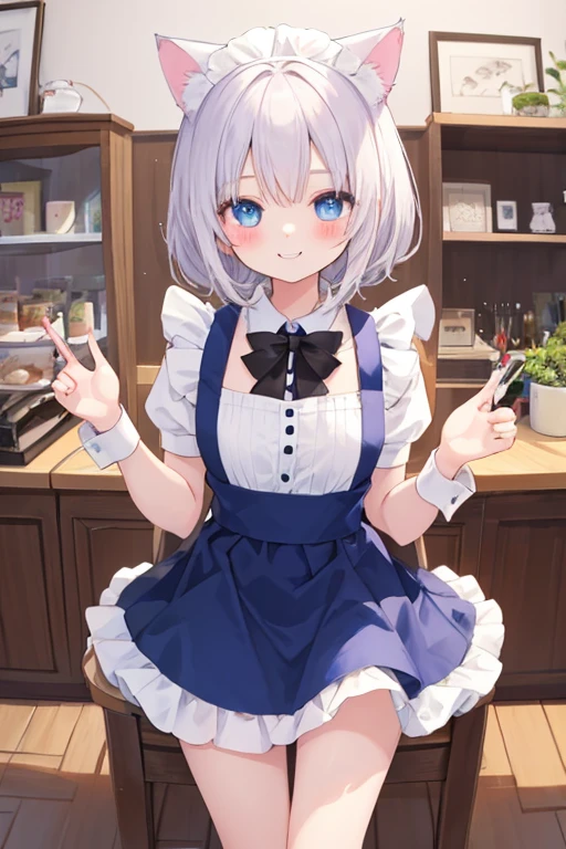 beautiful illustrations, highest quality, pretty girl,beautiful girl、clear face、 half girl、pastel colour 、smile、blush、にこやかなsmile、thighs、perfect hands、five fingers、Cat ear、white hair、blue eyeaid服、maid