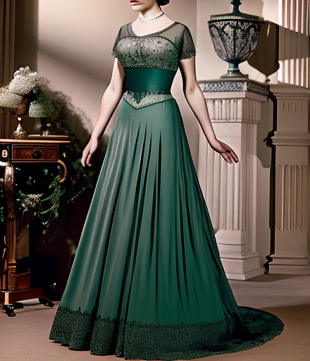 ((High-quality work)), the lines are clear and concise, the green dress and the beautiful pleated lace complement each other, which enriches the layering of the whole picture, the graceful Edwardian lace dress and the princess skirt add a lot to the character, the gesture with the back of the hand behind , It also shows the gentle and elegant side of women.