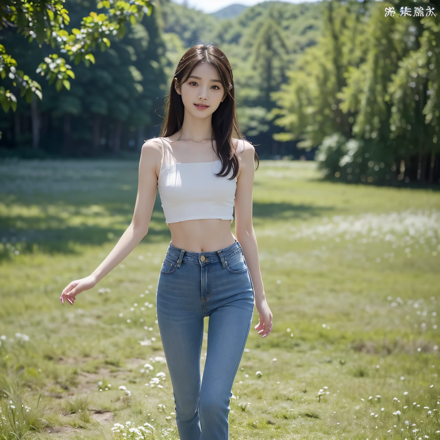 (Aerial view shot: 1.4), (full body photo: 1.4), RAW UHD photo of a woman, (surprised face: 1.2) (Black bob cut hair: 1.0), (Medium Breasts: 1.5), (shocked expression: 1.4), (blue jeans and white top), Background is Forest, captivating Green eyes with high detail, (perfect anatomy: 1.5), (morning time: 1.5), (natural light mood and tone: 1.5), (soft light: 1.6).