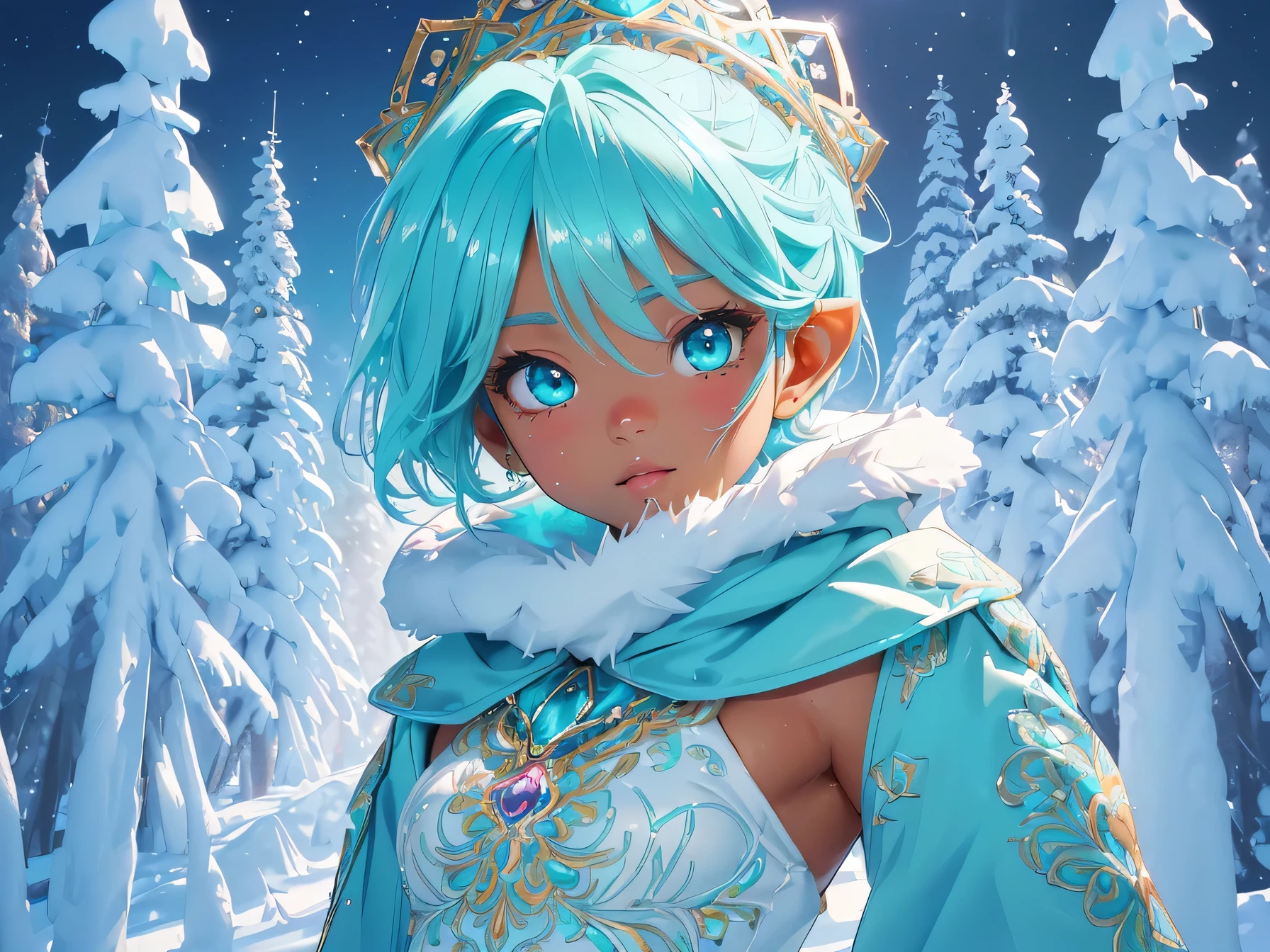 nsfw:1.1, high resolution:1.7, incredibly absurdres, kawaii:1, cute:1.5, hires.fix, anime visual:1, incredibly fine illustration,8k,masterpiece:1.2,best quality, high quality, exquisite, beautiful, insanely detailed, intricate detailed, extremely detailed, Super Definition, ultra high res, Super Resolution, best aesthetic, ultra detailed:1.5, best quality, perfect face, detailed face, masterpiece:1.2, illustration:1.2, 8k cg wallpaper, stunning art,absurdres,octane render,ultra hires,
cute elf,(((little ,tiny little body,little))),((anime elf with extremely cute and beautiful aqua hair)),((lesbian,yuri)),(((flat chest))),((((aqua hair:1.35,undercut aqua hair,short hair,colored inner hair,ear breathing)))),(((aqua_eyes:1.3))),intricate eyes,beautiful detailed eyes,symmetrical eyes,big eyes:1.5,(((dark skin,dark_skin,lustrous skin:1.5,bright skin: 1.5,skin tanned,shiny skin,very shiny skin,shiny body,plastic glitter skin,exaggerated shiny skin,illuminated skin))),(,detailed body,(detailed face)),cute,slutty,erotic,daring,zettai ryouiki,revealing clothing,show skin,(((Sexy aqua fur coat, aqua fur coat outfit, wearing a ice dress:1.3,aqua winter coat))), ((ice dress,elegant ice dress)),(white gloves,white clothes,(((intricate outfit,intricate clothes,embroidered outfit,ornate outfit,embroidered clothes,ornate clothes))),(dynamic pose:1.0),embarrassed,(centered,scale to fit dimensions,Rule of thirds),((snowy pine forest)),winter,scenery:1.25,((intricate scenery)),((snow forest background)),(Glossy winter ornaments),highres,sharp focus,(ultra detailed,extremely detailed),(photorealistic artwork:1.37),(extremely detailed CG unity 8k wallpaper),(((vibrant colors,vibrant theme))),(intricate),