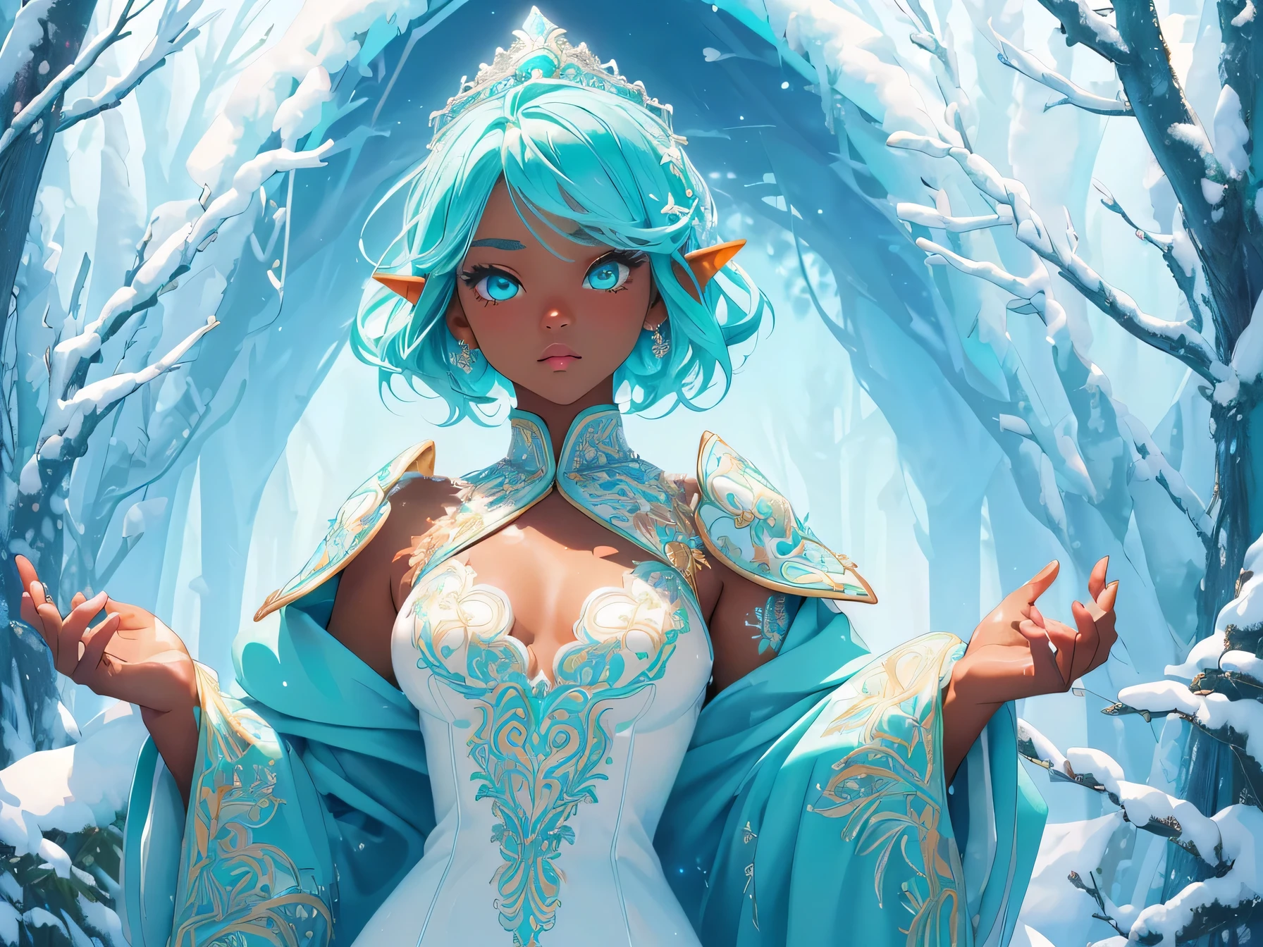 nsfw:1.1, high resolution:1.7, incredibly absurdres, kawaii:1, cute:1.5, hires.fix, anime visual:1, incredibly fine illustration,8k,masterpiece:1.2,best quality, high quality, exquisite, beautiful, insanely detailed, intricate detailed, extremely detailed, Super Definition, ultra high res, Super Resolution, best aesthetic, ultra detailed:1.5, best quality, perfect face, detailed face, masterpiece:1.2, illustration:1.2, 8k cg wallpaper, stunning art,absurdres,octane render,ultra hires,
cute elf,(((little ,tiny little body,little))),((anime elf with extremely cute and beautiful aqua hair)),((lesbian,yuri)),(((flat chest))),((((aqua hair:1.35,undercut aqua hair,short hair,colored inner hair,ear breathing)))),(((aqua_eyes:1.3))),intricate eyes,beautiful detailed eyes,symmetrical eyes,big eyes:1.5,(((dark skin,dark_skin,lustrous skin:1.5,bright skin: 1.5,skin tanned,shiny skin,very shiny skin,shiny body,plastic glitter skin,exaggerated shiny skin,illuminated skin))),(,detailed body,(detailed face)),cute,slutty,erotic,daring,zettai ryouiki,revealing clothing,show skin,(((Sexy aqua fur coat, aqua fur coat outfit, wearing a ice dress:1.3,aqua winter coat))), ((ice dress,elegant ice dress)),(white gloves,white clothes,(((intricate outfit,intricate clothes,embroidered outfit,ornate outfit,embroidered clothes,ornate clothes))),(dynamic pose:1.0),embarrassed,(centered,scale to fit dimensions,Rule of thirds),((snowy pine forest)),winter,scenery:1.25,((intricate scenery)),((snow forest background)),(Glossy winter ornaments),highres,sharp focus,(ultra detailed,extremely detailed),(photorealistic artwork:1.37),(extremely detailed CG unity 8k wallpaper),(((vibrant colors,vibrant theme))),(intricate),