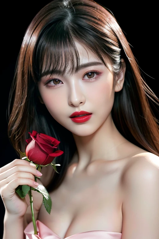(highest quality、8K、best image quality、Award-winning work)、(one young girl, 14 years old:1.3)、(red eyeshadow:1.2)、perfect makeup、long eyelashes、Super high-definition sparkling eyes、ultra high definition hair、ultra high resolution glossy lips、Super high resolution perfect teeth、Super high resolution cute face、brown hair、(very long straight hair:1.1)、look at me and smile、[clavicle]、accurate anatomy、(black background:1.5)、(((professional lighting:1.5)))、Super high-resolution glossy and moisturized face、Super high resolution glowing skin、most detailed face、Ultra high resolution detailed faces、ultra high resolution hair、Super high resolution sparkling eyes、Beautiful face drawn in every detail、Super high resolution glossy red lips、(((holding a red rose 1.5)))、(((full nude 1.5)))、(((Chest-up photo 1.4)))、hair blowing in the wind、elegant dress、