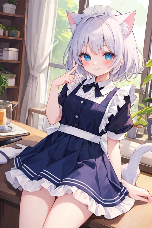 beautiful illustrations, highest quality, pretty girl,beautiful girl、clear face、 half girl、pastel colour 、smile、blush、にこやかなsmile、thighs、perfect hands、five fingers、Cat ear、white hair、blue eyeaid服、maid
