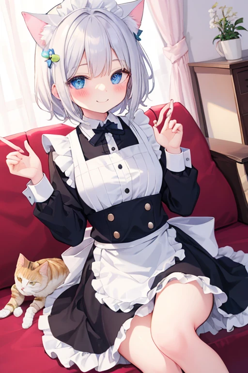beautiful illustrations, highest quality, pretty girl,beautiful girl、clear face、 half girl、pastel colour 、smile、blush、にこやかなsmile、thighs、perfect hands、five fingers、Cat ear、white hair、blue eyeaid服、maid