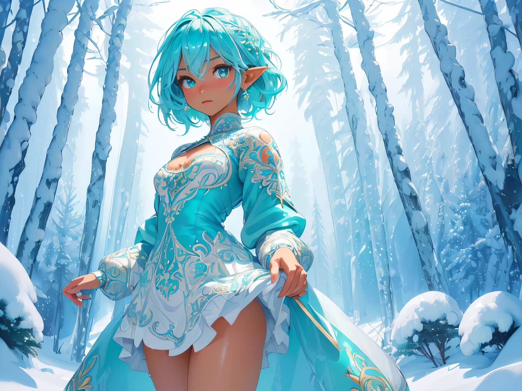 nsfw:1.1, high resolution:1.7, incredibly absurdres, kawaii:1, cute:1.5, hires.fix, anime visual:1, incredibly fine illustration,8k,masterpiece:1.2,best quality, high quality, exquisite, beautiful, insanely detailed, intricate detailed, extremely detailed, Super Definition, ultra high res, Super Resolution, best aesthetic, ultra detailed:1.5, best quality, perfect face, detailed face, masterpiece:1.2, illustration:1.2, 8k cg wallpaper, stunning art,absurdres,octane render,ultra hires,
cute elf,(((little ,tiny little body,little))),((anime elf with extremely cute and beautiful aqua hair)),((lesbian,yuri)),(((flat chest))),((((aqua hair:1.35,undercut aqua hair,short hair,colored inner hair,ear breathing)))),(((aqua_eyes:1.3))),intricate eyes,beautiful detailed eyes,symmetrical eyes,big eyes:1.5,(((dark skin,dark_skin,lustrous skin:1.5,bright skin: 1.5,skin tanned,shiny skin,very shiny skin,shiny body,plastic glitter skin,exaggerated shiny skin,illuminated skin))),(,detailed body,(detailed face)),cute,slutty,erotic,daring,zettai ryouiki,revealing clothing,show skin,(((Sexy aqua fur coat, aqua fur coat outfit, wearing a ice dress:1.3,aqua winter coat))), ((ice dress,elegant ice dress)),(white gloves,white clothes,(((intricate outfit,intricate clothes,embroidered outfit,ornate outfit,embroidered clothes,ornate clothes))),(dynamic pose:1.0),embarrassed,(centered,scale to fit dimensions,Rule of thirds),((snowy pine forest)),winter,scenery:1.25,((intricate scenery)),((snow forest background)),(Glossy winter ornaments),highres,sharp focus,(ultra detailed,extremely detailed),(photorealistic artwork:1.37),(extremely detailed CG unity 8k wallpaper),(((vibrant colors,vibrant theme))),(intricate),