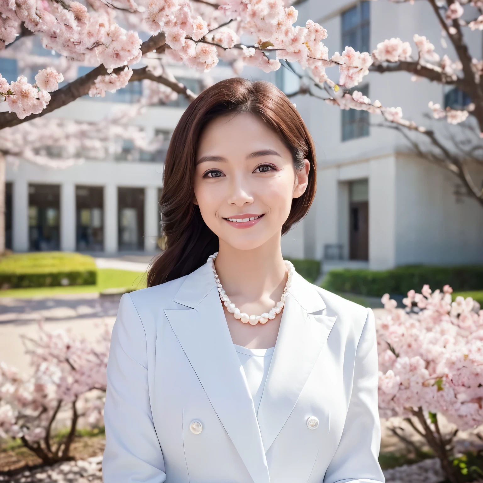 (masterpiece、highest quality、best image quality、8K、Award-winning work)、(1 40 year old woman:1.2)、(facial wrinkles:1.2)、(formal graduation attire:1.1)、(Commemorative photo taken with the school in the background:1.1)、(Beautiful skin that shines very brightly:1.3)、(very bright and vivid:1.2)、look at me with the best smile、(white suit:1.2)、(perfect and precise pearl necklace:1.2)、(classy chignon:1.1)、(beautiful and elegant hair ornament:1.1)、(Expensive and classy beautiful hair accessories:1.1)、(big bremphasize body line、(Standing most elegantly:1.1)、(The background is a rectangular school building with four floors:1.2)、(Modern four-storey rectangular building:1.2)、(Reinforced concrete square school:1.2)、(beautiful square window glass:1.1)、(A new and beautiful high school:1.1)、sunny and beaul sky、clear beautiful sky、beautiful thunderclouds、(refreshing sunshine:1.1)、Blurred cherry blossom tree in full bloom in the background、perfect makeup、bright lipstick、upper body photo、blurred background、(perfect anatomy:1.1)、Ultra high definition beauty face、ultra high definition hair、Super high-definition sparkling eyes、Super high resolution glossy lips