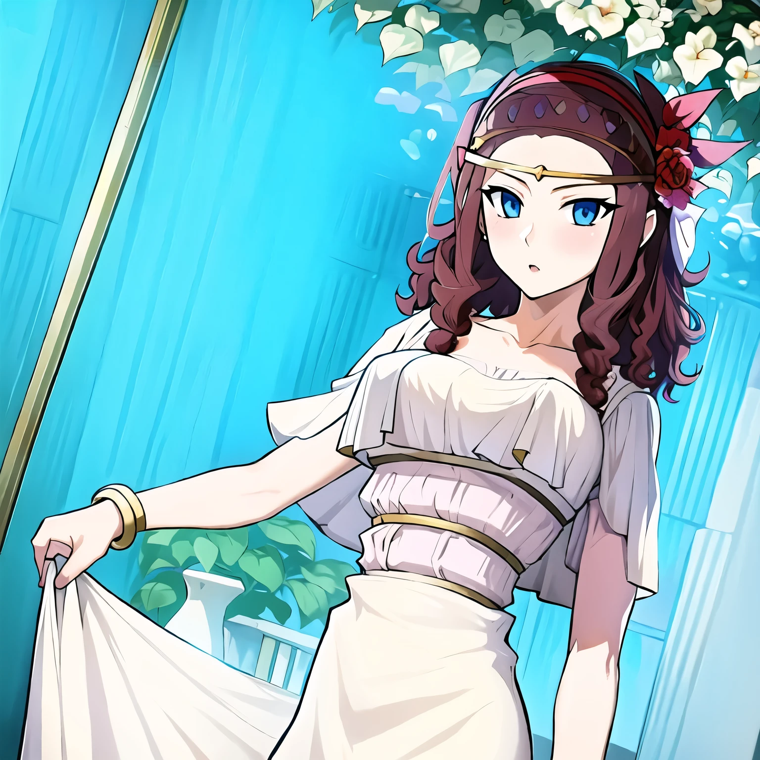 (masterpiece, best quality:1.2), 1girl, solo, reddish brunette, jewelry, white robe, bracelets, blue eyes, Yugioh style, hairband, circlet, standing, white room background, hair with curly ends, wearing white lingerie