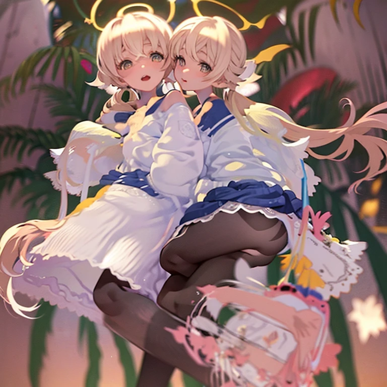 Fille manga Elle a les yeux rose pastel. Long ash blonde hair with two braids. dressed in white.