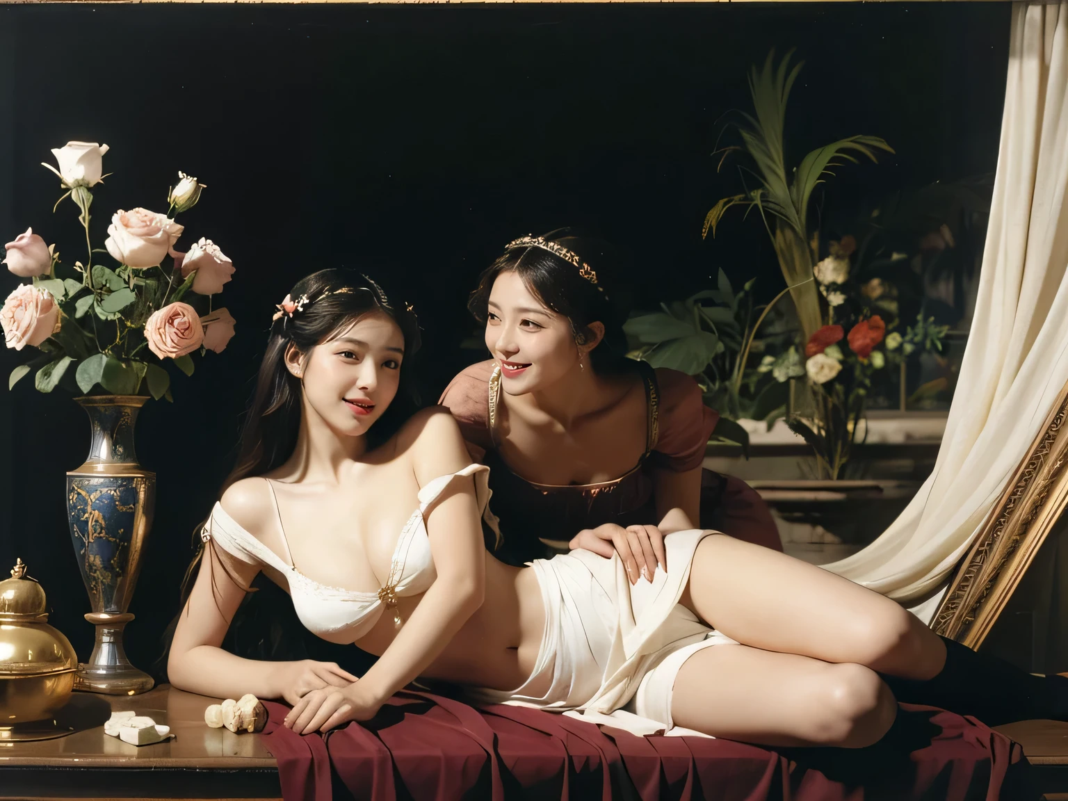 Giorgione painting style,Arguments of two female Philosophe,math、astronomical machine、astronaut、roses in vase、fruits、Cute trinkets、smile、ancient greek costume、Ancient Roman landscape in the style of Nicolas Poussin,laughter,,Sweet and seductive appearance.、Caravaggio's paintings、Chiaroscuro of Caravaggio、hair tousled by the wind,Two women frolicking,cute smile, expression of ecstasy,Sexy,erotic