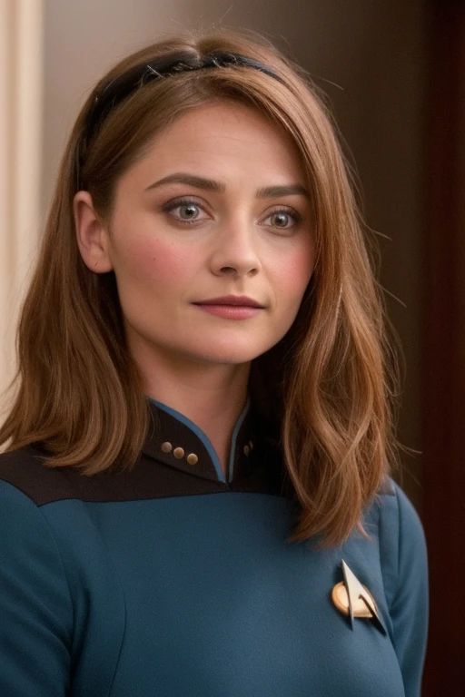 Jenna Coleman, Emma Rigby, Emilie de Ravin, young woman in blue s3stngunf uniform,real, masterpiece, best quality, (detail skin texture, ultra-detailed body), 1girl, solo, Brown wavy hair, hairband, realistic, long hair, lips, upper body, expressionless, brown eyes, smile, Full body,