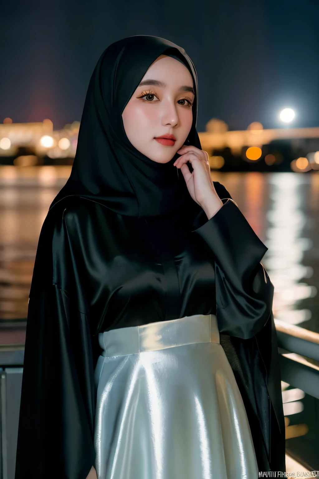 RAW photo of a 24 year old girl wearing hijab, satin abaya, satin, hijab face portrait, Istanbul Turkey background, 8k uhd, dslr, soft lighting, high quality, film grain, Fujifilm XT3, covered dress, decent dress