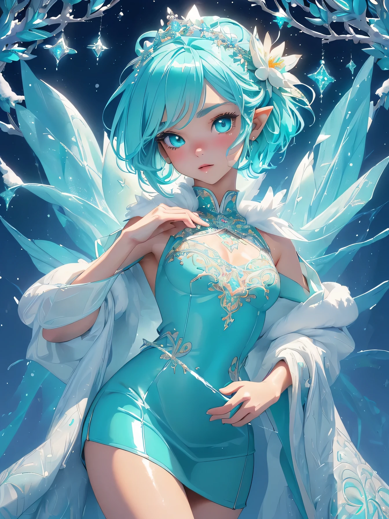 nsfw:1.1, high resolution:1.7, incredibly absurdres, kawaii:1, cute:1.5, hires.fix, anime visual:1, incredibly fine illustration,8k,masterpiece:1.2,best quality, high quality, exquisite, beautiful, insanely detailed, intricate detailed, extremely detailed, Super Definition, ultra high res, Super Resolution, best aesthetic, ultra detailed:1.5, best quality, perfect face, detailed face, masterpiece:1.2, illustration:1.2, 8k cg wallpaper, stunning art,absurdres,octane render,ultra hires,
cute elf,(((little ,tiny little body,little))),((anime elf with extremely cute and beautiful aqua hair)),((lesbian,yuri)),(((flat chest))),((((aqua hair:1.35,undercut aqua hair,short hair,colored inner hair,ear breathing)))),(((aqua_eyes:1.3))),intricate eyes,beautiful detailed eyes,symmetrical eyes,big eyes:1.5,(((lustrous skin:1.5,bright skin: 1.5,skin tanned,shiny skin,very shiny skin,shiny body,plastic glitter skin,exaggerated shiny skin,illuminated skin))),(,detailed body,(detailed face)),cute,slutty,erotic,daring,zettai ryouiki,revealing clothing,show skin,(((Sexy aqua fur coat, aqua fur coat outfit, wearing a ice dress:1.3,aqua winter coat))), ((ice dress,elegant ice dress)),(white gloves,white clothes,(((intricate outfit,intricate clothes,embroidered outfit,ornate outfit,embroidered clothes,ornate clothes))),(dynamic pose:1.0),embarrassed,(centered,scale to fit dimensions,Rule of thirds),((snowy pine forest)),winter,scenery:1.25,((intricate scenery)),((snow forest background)),(Glossy winter ornaments),highres,sharp focus,(ultra detailed,extremely detailed),(photorealistic artwork:1.37),(extremely detailed CG unity 8k wallpaper),(((vibrant colors,vibrant theme))),(intricate),