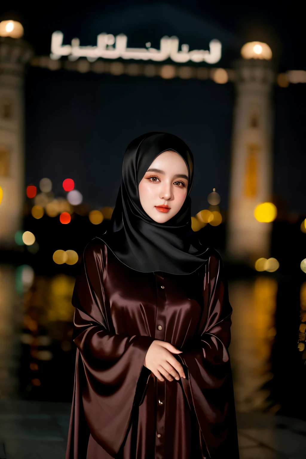 RAW photo of a 24 year old girl wearing hijab, satin abaya, satin, hijab face portrait, Istanbul Turkey background, 8k uhd, dslr, soft lighting, high quality, film grain, Fujifilm XT3, covered dress, decent dress