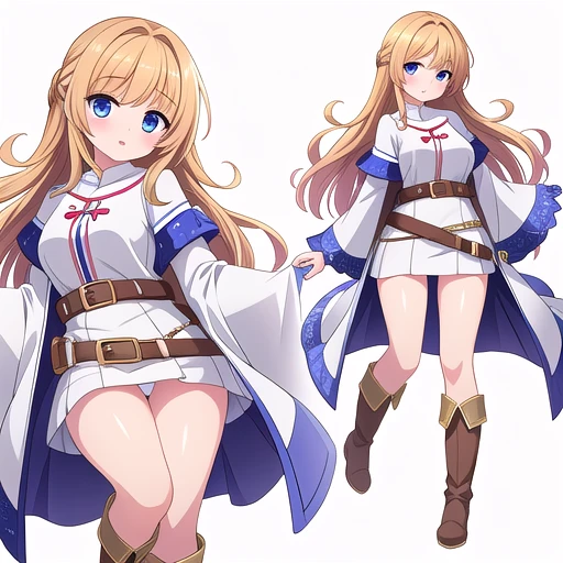 masterpiece, best quality, cute eyes, high fantasy clothes, solo, ((white background)), multiple views, boots, (sex, missionary, pussy), m legs, belt,