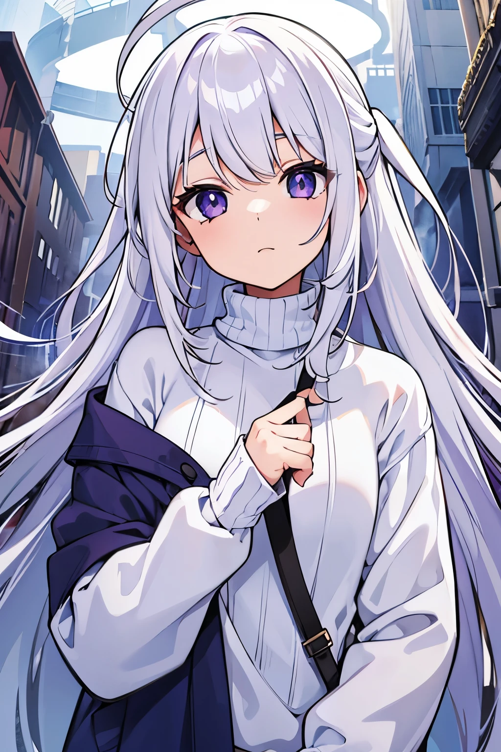 1 girl, long white hair, purple left eye and blue right eye, wearing a white sweater