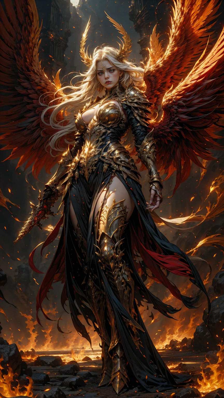 In the heart of the heaven a young arcangel woman with very long white hair, crimson gold warrior arcangel outfit with long neckline, extended arms with power, battle pose, extended wings with red and gold, in a battle field, creates a war atmosphere, legions of arcangels and techno demons on battle, energy and fire on every corner of the field. The angle of the scene is dynamic, capturing the intensity of the moment, fine quality golden eyes, eyes looking at the camera, ultra detailed, Beautiful and aesthetically pleasing, masterpiece, Best quality score, (fractal art: 1.3), Extremely detailed , dynamic angle, raytraced, full body, close up, dust and hard light