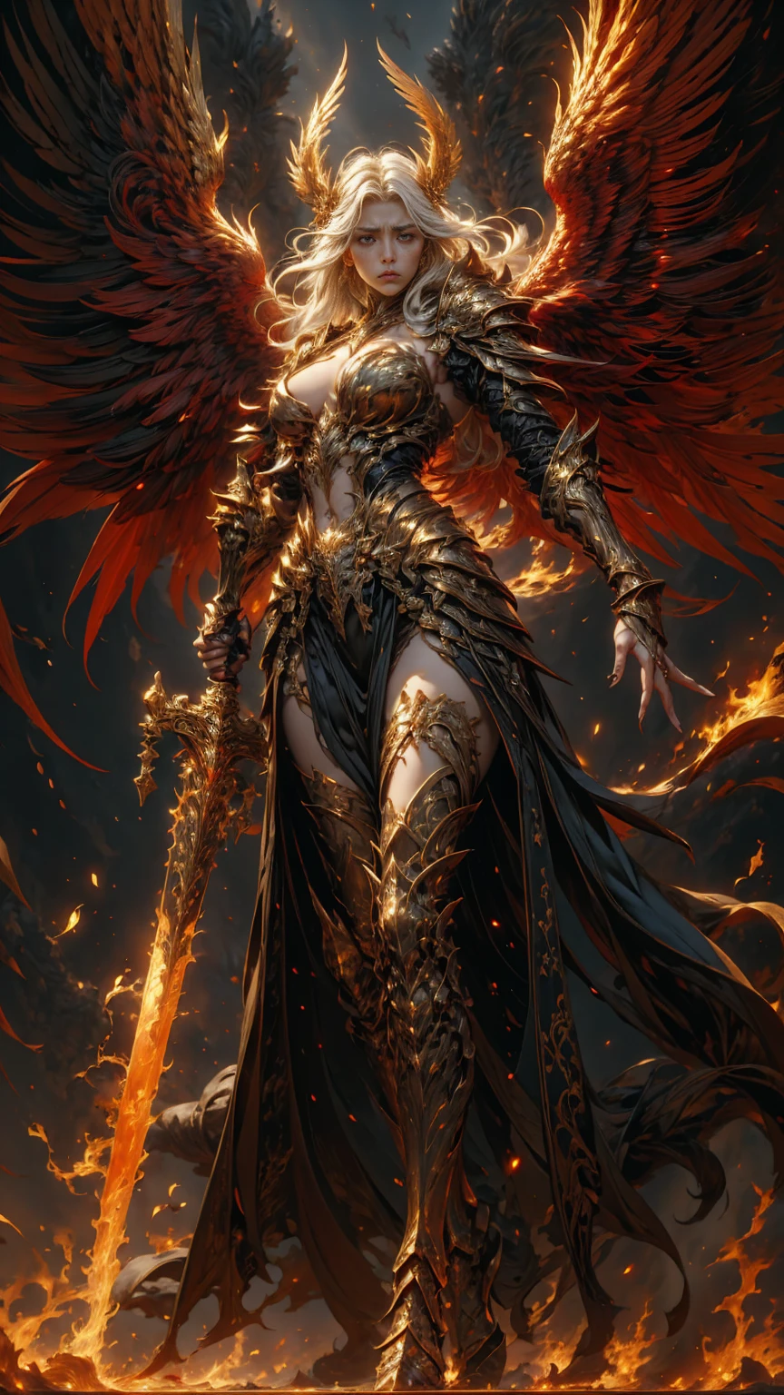 In the heart of the heaven a young arcangel woman with very long white hair, crimson gold warrior arcangel outfit with long neckline, extended arms with power, battle pose, extended wings with red and gold, in a battle field, creates a war atmosphere, legions of arcangels and techno demons on battle, energy and fire on every corner of the field. The angle of the scene is dynamic, capturing the intensity of the moment, fine quality golden eyes, eyes looking at the camera, ultra detailed, Beautiful and aesthetically pleasing, masterpiece, Best quality score, (fractal art: 1.3), Extremely detailed , dynamic angle, raytraced, full body, close up, dust and hard light