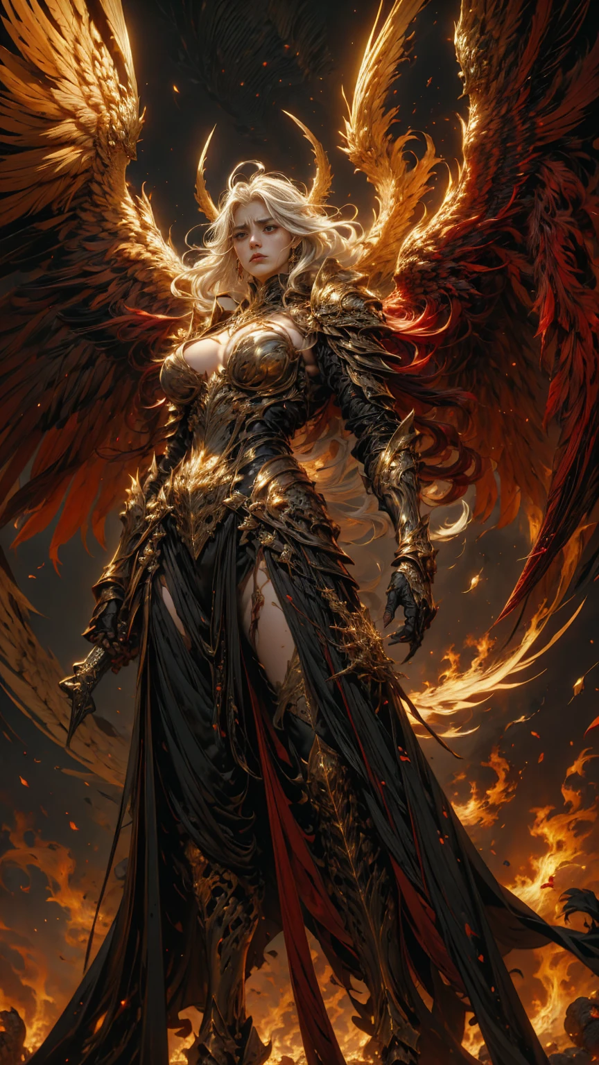 In the heart of the heaven a young arcangel woman with very long white hair, crimson gold warrior arcangel outfit with long neckline, extended arms with power, battle pose, extended wings with red and gold, in a battle field, creates a war atmosphere, legions of arcangels and techno demons on battle, energy and fire on every corner of the field. The angle of the scene is dynamic, capturing the intensity of the moment, fine quality golden eyes, eyes looking at the camera, ultra detailed, Beautiful and aesthetically pleasing, masterpiece, Best quality score, (fractal art: 1.3), Extremely detailed , dynamic angle, raytraced, full body, close up, dust and hard light