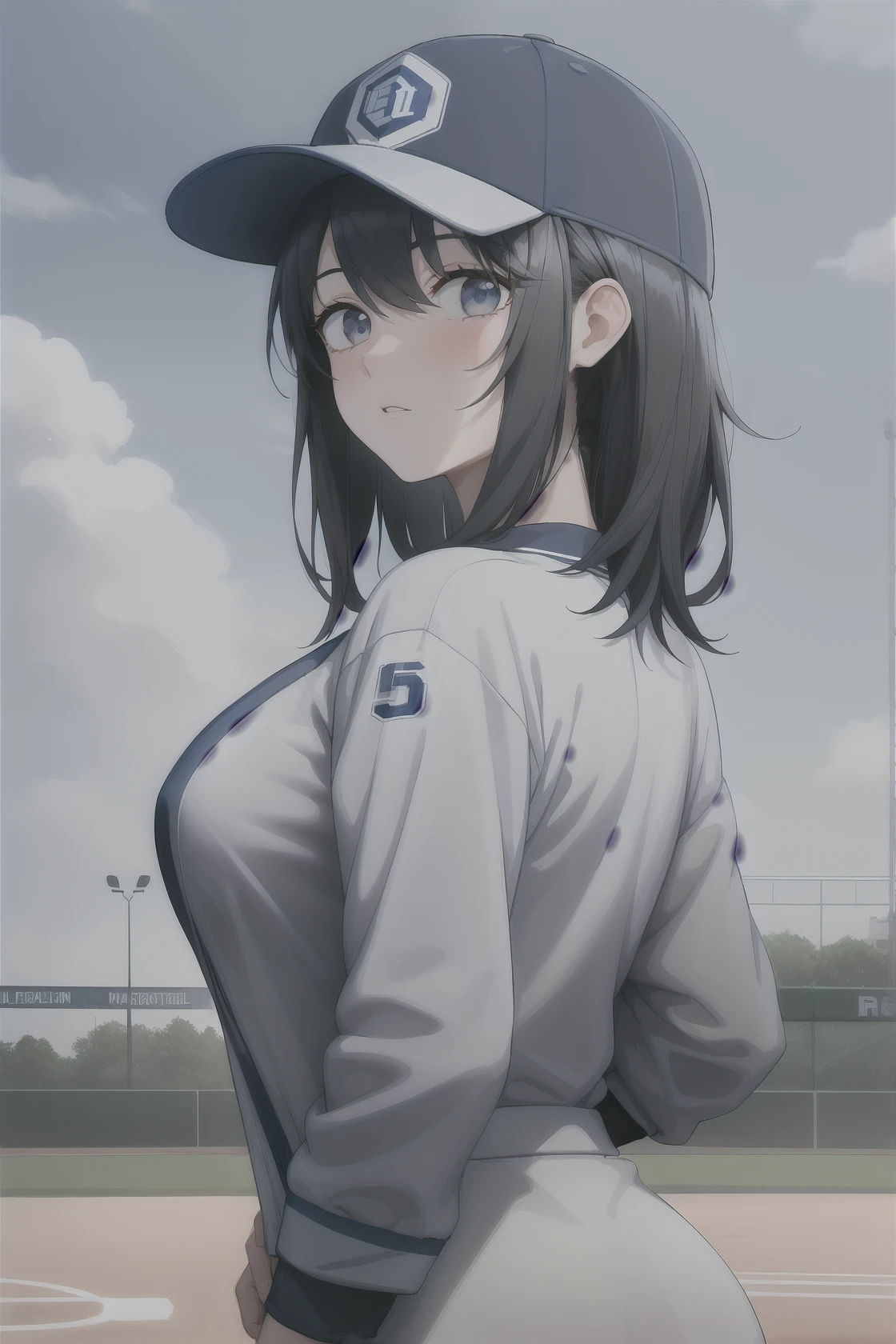 neocoill,  masterpiece, best quality, 1girl, baseball uniform, solo, baseball mitt, baseball cap, hat, baseball, sky, sportswear, cloud, black hair, blue sky, day, holding, shirt, bangs, medium hair, long sleeves, standing, holding ball, outdoors, looking at viewer, parted lips, large breasts, mature female,