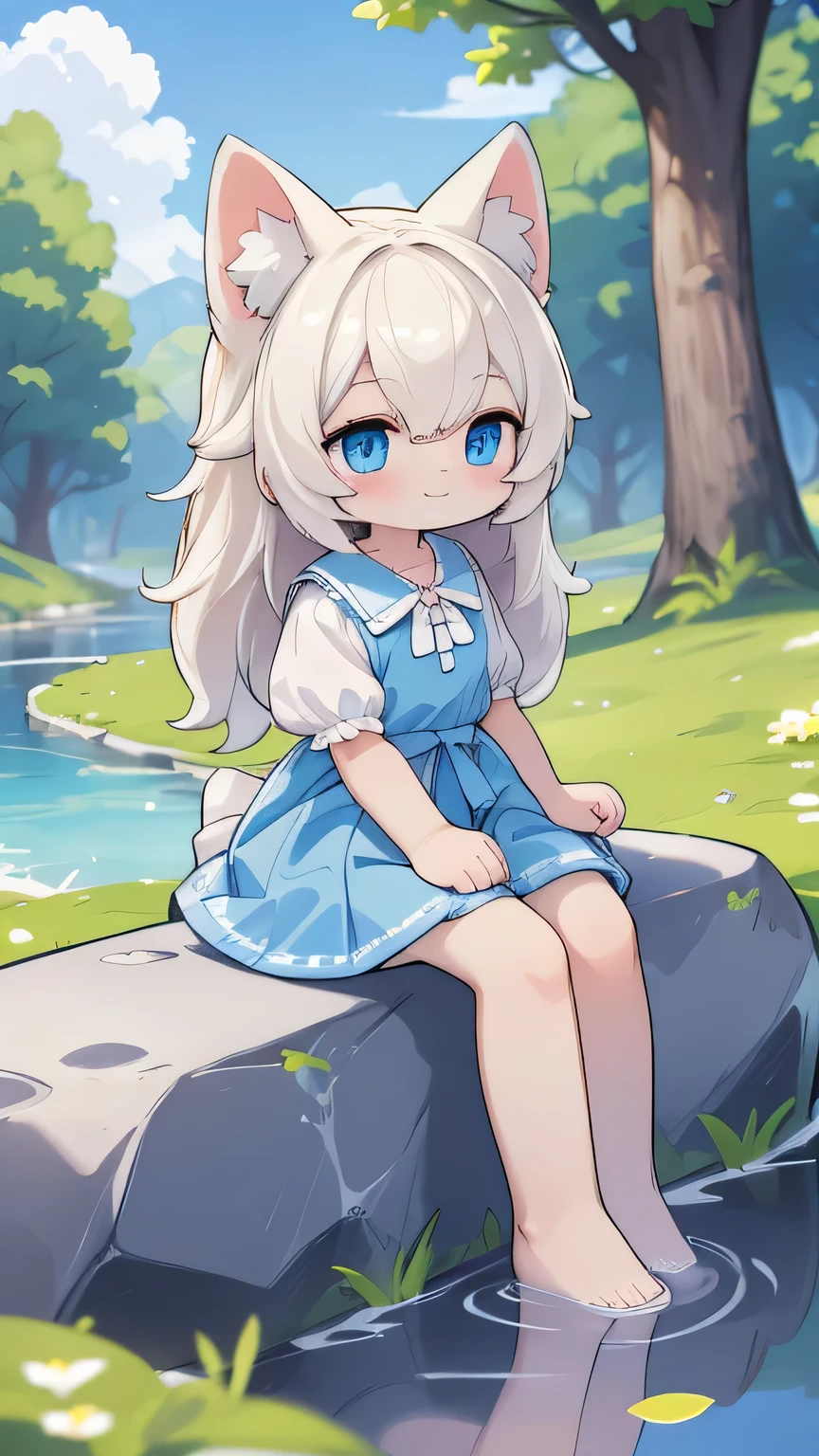 White Kitten，A cat in human form，blue eyes，light blue long hair，cat paw，Smile，Acting cute，Wearing a pink dress，Thin skirt，sit on stone，Next to it is a small stream，There are two pine trees around，Blue sky and white clouds，Cute，childhood，cute，