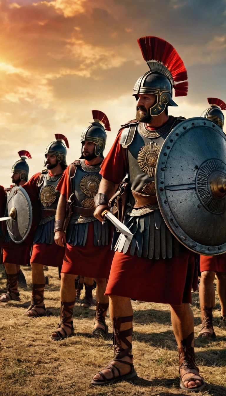 Illustrate the moment the Roman army laid down its weapons, the Roman army surrendered to the victorious barbarians, fair and smooth skin, detailed hands, detailed fingers, masterpiece, cinematic lighting, physically based rendering, lens flare, award winning rendering, perfect rendering detail, 8K, realism, detailed background, everything in detail, cinematic shot, dynamic lighting, 75mm, Technicolor, Panavision, cinemascope, fine details, 8k, HDR, realism, realistic, key visual, film still, superb cinematic color grading, depth of field,