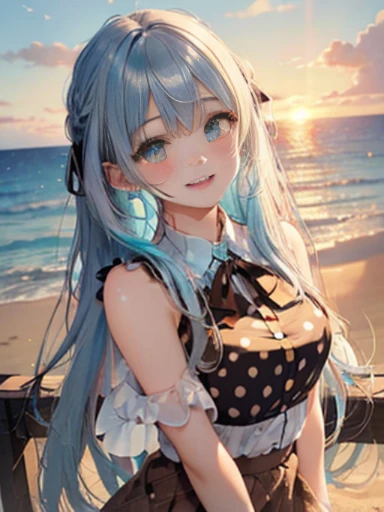 (Glasses)、The arrival of autumn、big butt、big butt、 Super detailed,bright colors, very beautiful detailed anime face and eyes,highest quality, hyper detail, masterpiece, look straight, ;shiny_skin,girl, ((long hair、gradation hair , Half white hair、Half light blue hair: 1.5)) 、forehead is exposed、shiny hair, delicate beautiful face, blush、(turquoise eyes), White skin, Valletta, mature earrings,、sandy beach、sunset、sit、((ribbon、(polka dots、brown skirt)))、twin tails、smile、happy face、face dyed red、