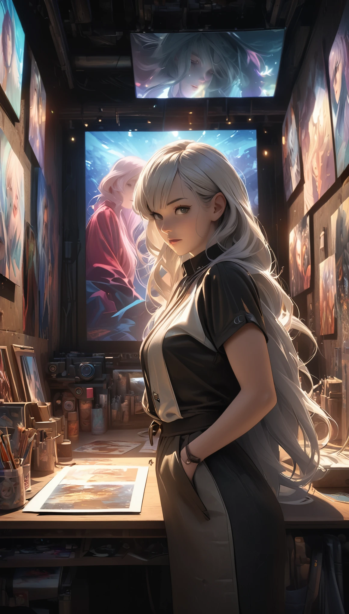 Surrealist portraits of women by David Hockney and Alphonse Mucha,fantasy art, Photorealistic, dynamic lighting, art station, poster, Volumetric lighting, Very detailed faces, 4k, Award-winning,, 1 girl, in the darkness, deep shadow, low profile,Cowboy shooting,(official clothing:1.4) ,long hair,white hair,