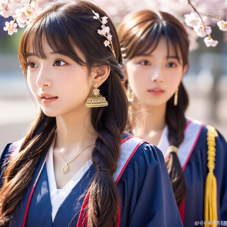 finely, High resolution, high quality、perfect dynamic composition, detailed and beautiful eyes, twin tail hair, beautiful breasts 、natural color lip, close up of face,Kamimei、2 girls included、transparent skin、shining hair、、intricate hair ornament、intricate earrings、intricate necklace、tears、graduation ceremony、cherry blossom petals、
