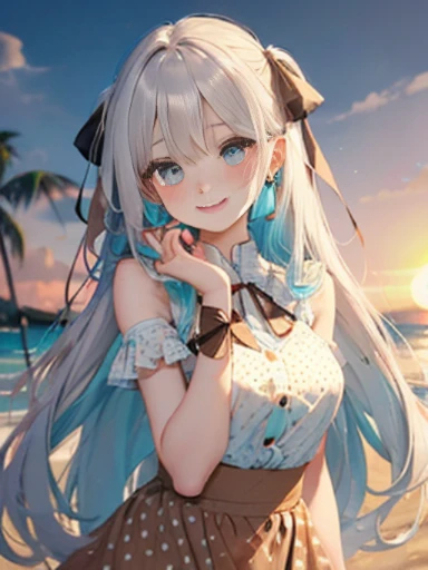 （Glasses）、The arrival of autumn、big butt、big butt、 Super detailed,bright colors, very beautiful detailed anime face and eyes,highest quality, hyper detail, masterpiece, look straight, ;shiny_skin,girl, ((long hair、gradation hair , Half white hair、Half light blue hair: 1.5)) 、forehead is exposed、shiny hair, delicate beautiful face, blush、(turquoise eyes), White skin, Valletta, mature earrings,、sandy beach、sunset、((ribbon、(polka dots、brown long skirt)))、twin tails、smile、happy face、face dyed red、dynamic