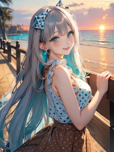 (Glasses)、The arrival of autumn、big butt、big butt、 Super detailed,bright colors, very beautiful detailed anime face and eyes,highest quality, hyper detail, masterpiece, look straight, ;shiny_skin,girl, ((long hair、gradation hair , Half white hair、Half light blue hair: 1.5)) 、forehead is exposed、shiny hair, delicate beautiful face, blush、(turquoise eyes), White skin, Valletta, mature earrings,、sandy beach、sunset、((ribbon、(polka dots、brown long skirt)))、twin tails、smile、happy face、face dyed red、dynamic
