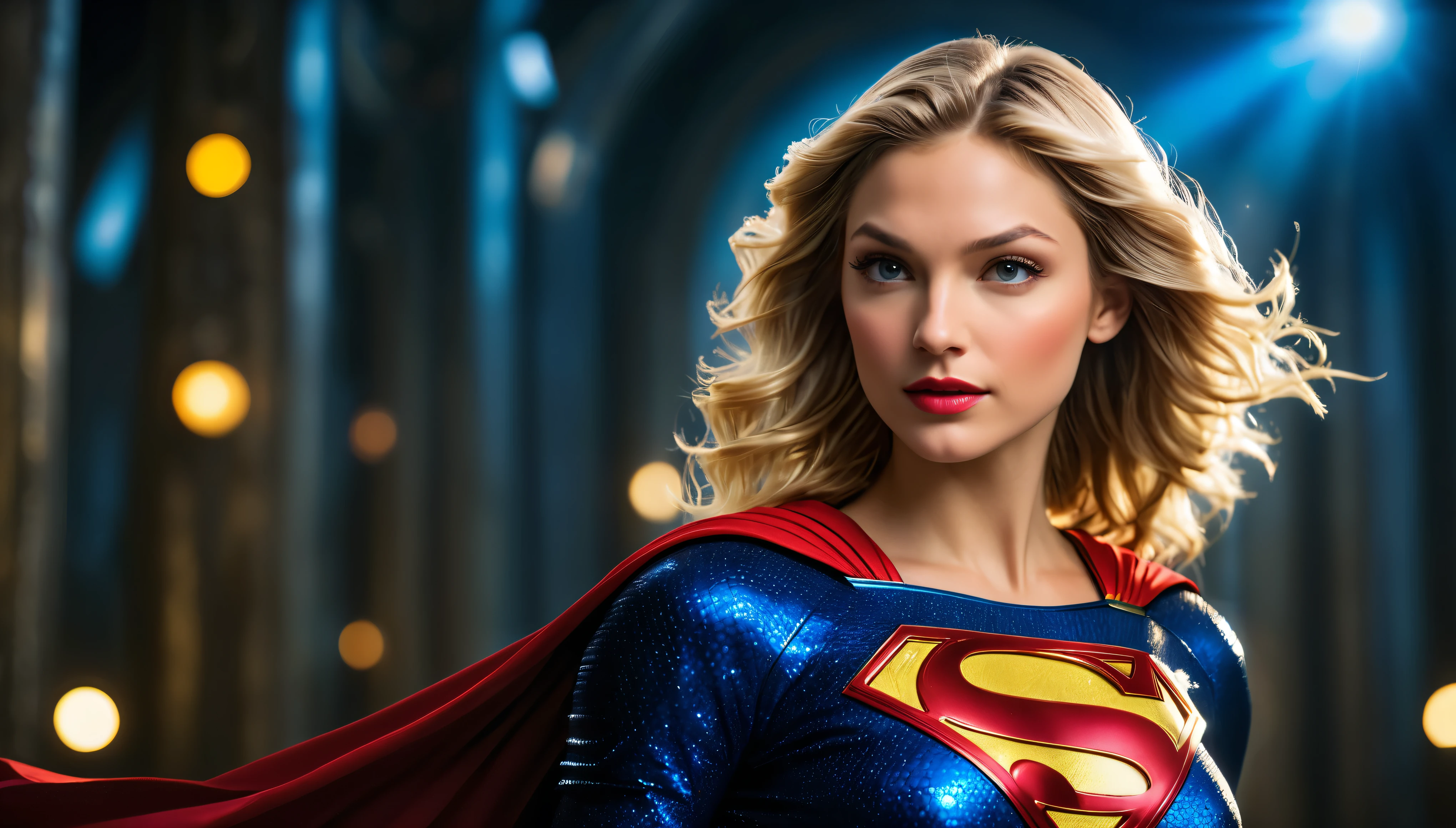 ((Waist Up photo shoot))of 20 years old beautiful Blondie 80's heavy metal rockstar hairstyle [Gal Gadot:Melissa Benoist:0.45] as Supergirl, detailed face, detailed skkin pore, insanely detailed and intricate, ornate, is in Kal El South Pole Sanctuary, bokeh, shallow depth of field, ambient lighting, ultra sharp focus, low key, dark theme, realistic style,more detail XL, s symbol on her chest clearly visible, action pose