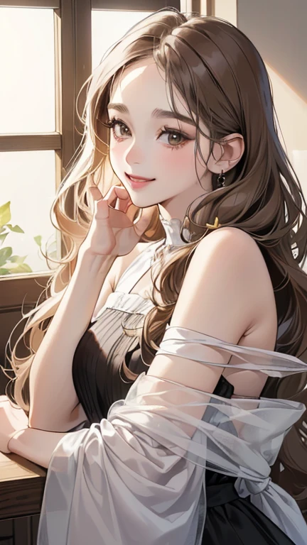 (table top, digital illustration, 4k, 8k, Super detailed, beautiful images, clear image, perfect face, perfect lines, perfect eyes, soft lighting) 1 female, (gray long wavy hair, innocent look, look at viewer, side view,Over-the-shoulder ,Thin Eyebrows ,droopy eyes, puffy eyes, tareme, brown eyes, With a round face, round chin、innocence, cute, natural makeup, smile gently,27 years old:1.3), full of light,(embarrassing, shy smile:1.2), sleeveless black knit dress, large Piercing