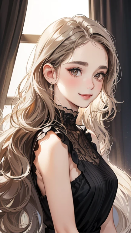 (table top, digital illustration, 4k, 8k, Super detailed, beautiful images, clear image, perfect face, perfect lines, perfect eyes, soft lighting) 1 female, (gray long wavy hair, innocent look, look at viewer, side view,Over-the-shoulder ,Thin Eyebrows ,droopy eyes, puffy eyes, tareme, brown eyes, With a round face, round chin、innocence, cute, natural makeup, smile gently,27 years old:1.3), full of light,(embarrassing, shy smile:1.2), sleeveless black knit dress, large Piercing
