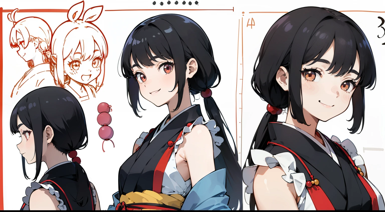 16 years old, Black Hair Girl, Hair length to the armpits (((Happy smiling face expression))) ,japanese kimono, ((Odango hairstyle)) (((detailed character sheet, Front view, Side view, 3/4 view)))