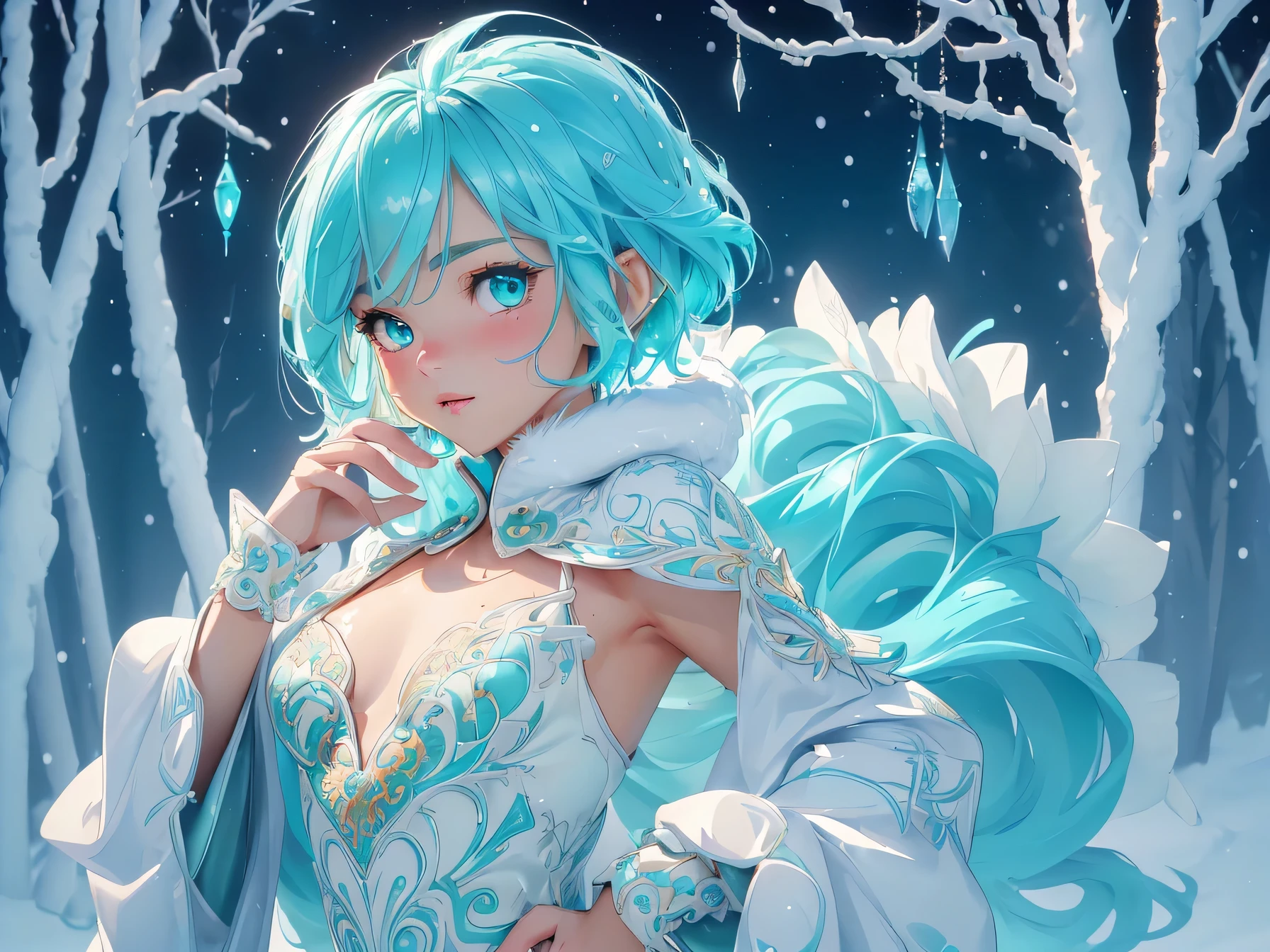 nsfw:1.1, high resolution:1.7, incredibly absurdres, kawaii:1, cute:1.5, hires.fix, anime visual:1, incredibly fine illustration,8k,masterpiece:1.2,best quality, high quality, exquisite, beautiful, insanely detailed, intricate detailed, extremely detailed, Super Definition, ultra high res, Super Resolution, best aesthetic, ultra detailed:1.5, best quality, perfect face, detailed face, masterpiece:1.2, illustration:1.2, 8k cg wallpaper, stunning art,absurdres,octane render,ultra hires,
cute elf,(((little ,tiny little body,little))),((anime elf with extremely cute and beautiful aqua hair)),((lesbian,yuri)),(((flat chest))),((((aqua hair:1.35,undercut aqua hair,short hair,colored inner hair,ear breathing)))),(((aqua_eyes:1.3))),intricate eyes,beautiful detailed eyes,symmetrical eyes,big eyes:1.5,(((lustrous skin:1.5,bright skin: 1.5,skin tanned,shiny skin,very shiny skin,shiny body,plastic glitter skin,exaggerated shiny skin,illuminated skin))),(,detailed body,(detailed face)),cute,slutty,erotic,daring,zettai ryouiki,revealing clothing,show skin,(((Sexy aqua fur coat, aqua fur coat outfit, wearing a ice dress:1.3,aqua winter coat))), ((ice dress,elegant ice dress)),(white gloves,white clothes,(((intricate outfit,intricate clothes,embroidered outfit,ornate outfit,embroidered clothes,ornate clothes))),(dynamic pose:1.0),embarrassed,(centered,scale to fit dimensions,Rule of thirds),((snowy pine forest)),winter,scenery:1.25,((intricate scenery)),((snow forest background)),(Glossy winter ornaments),highres,sharp focus,(ultra detailed,extremely detailed),(photorealistic artwork:1.37),(extremely detailed CG unity 8k wallpaper),(((vibrant colors,vibrant theme))),(intricate),