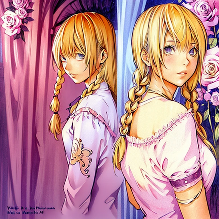 Fille manga 14 ans Elle a les yeux rose pastel. Long ash blonde hair with two braids. dressed in white.