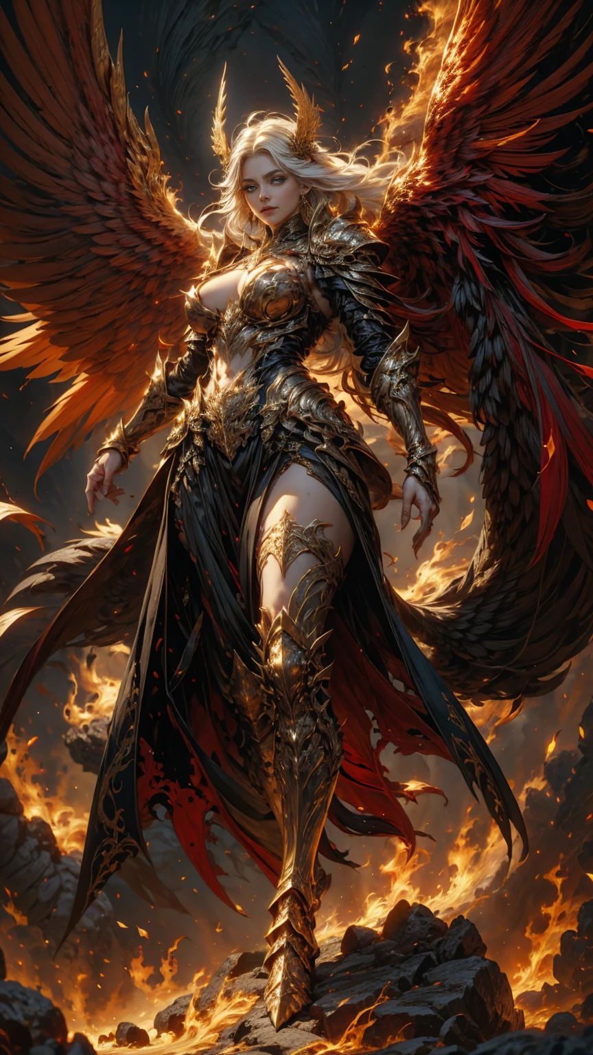 In the heart of the heaven a young arcangel woman with very long white hair, crimson gold warrior arcangel outfit with long neckline, extended arms with power, battle pose, extended wings with red and gold, in a battle field, creates a war atmosphere, legions of arcangels and techno demons on battle, energy and fire on every corner of the field. The angle of the scene is dynamic, capturing the intensity of the moment, fine quality golden eyes, eyes looking at the camera, ultra detailed, Beautiful and aesthetically pleasing, masterpiece, Best quality score, (fractal art: 1.3), Extremely detailed , dynamic angle, raytraced, full body, close up, dust and hard light