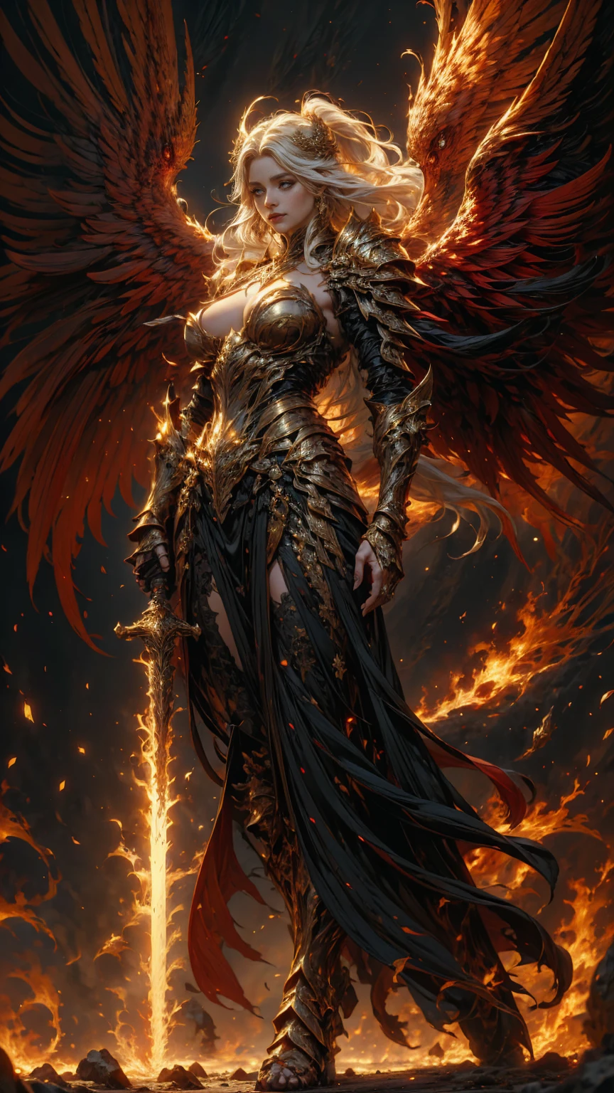 In the heart of the heaven a young arcangel woman with very long white hair, crimson gold warrior arcangel outfit with long neckline, extended arms with power, battle pose, extended wings with red and gold, in a battle field, creates a war atmosphere, legions of arcangels and techno demons on battle, energy and fire on every corner of the field. The angle of the scene is dynamic, capturing the intensity of the moment, fine quality golden eyes, eyes looking at the camera, ultra detailed, Beautiful and aesthetically pleasing, masterpiece, Best quality score, (fractal art: 1.3), Extremely detailed , dynamic angle, raytraced, full body, close up, dust and hard light