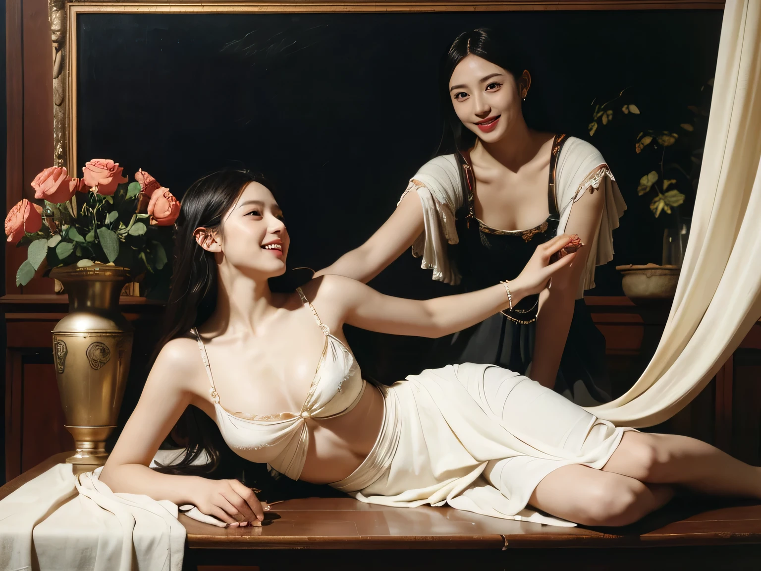 Giorgione painting style,Arguments of two female Philosophe,math、astronomical machine、astronaut、roses in vase、fruits、Cute trinkets、smile、ancient greek costume、Ancient Roman landscape in the style of Nicolas Poussin,laughter,,Sweet and seductive appearance.、Caravaggio's paintings、Chiaroscuro of Caravaggio、hair tousled by the wind,Two women frolicking,cute smile, expression of ecstasy,Sexy,erotic