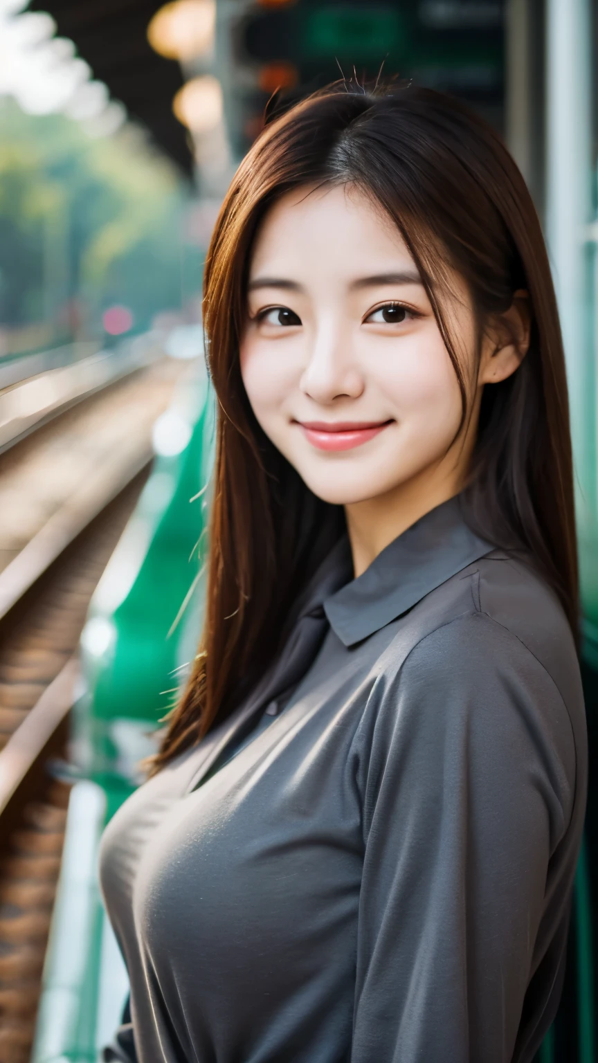 close-up, of beautiful korean female, 34 inch breasts size, slightly smile, wearing long sleeve shirt, at the train station, bokeh background 