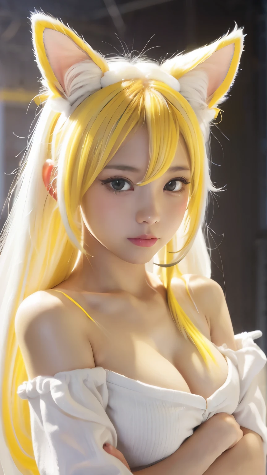 masterpiece, 4K, highest quality, bokeh, enlightenment:1.4 ,1 perfect portrait of a girl, Colorful hair, Colourful hair, (Yellow+white soft hair:1.6), Gray eyes,(Cat ears:1.3), Neon Yellow background, exposed bare shoulders, long-term alienation_sleeve, lean forward a little, shy, head tilt ,movie lighting,oversized clothes, (seductive pose:1.3),