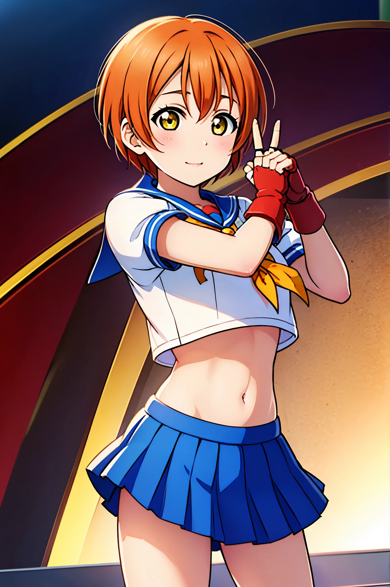 Hoshizora rin, orange hair, yellow eyes ,short hair, bangs, , crop top, red neckerchief, ((blue skirt)), fingerless gloves, thighs, standing, cowboy shot