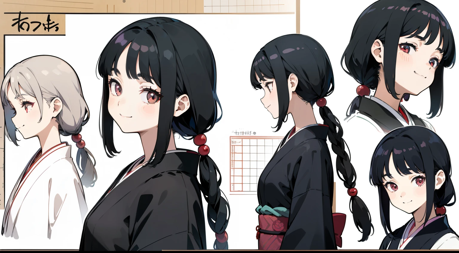 16 years old, Black Hair Girl, Hair length to the armpits (((Happy smiling face expression))) ,japanese kimono, ((Odango hairstyle)) (((detailed character sheet, Front view, Side view, 3/4 view)))