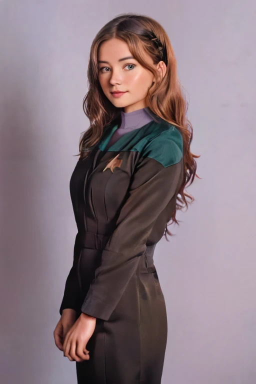 Jenna Coleman, Emma Rigby, Emilie de Ravin, young woman in teal s3stngunf uniform,real, masterpiece, best quality, (detail skin texture, ultra-detailed body), 1girl, solo, Brown wavy hair, hairband, realistic, long hair, lips, upper body, expressionless, brown eyes, smile, Full body,