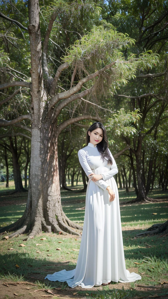 photorealistic, high resolution, 1 woman, only,See the whole body...,  hips up, Huge breasts, enormous breast, His eyes focused on his large breasts., small waist, Look at the viewer., (detailed face), Ao Dai Khao, thin, wet, Not wearing underwear, no pants, Beautiful legs, ต้นBeautiful legs, Long legs, Tilt to the side, like full body, See every part of the body., dynamic post, Incredible view, decorations, tree