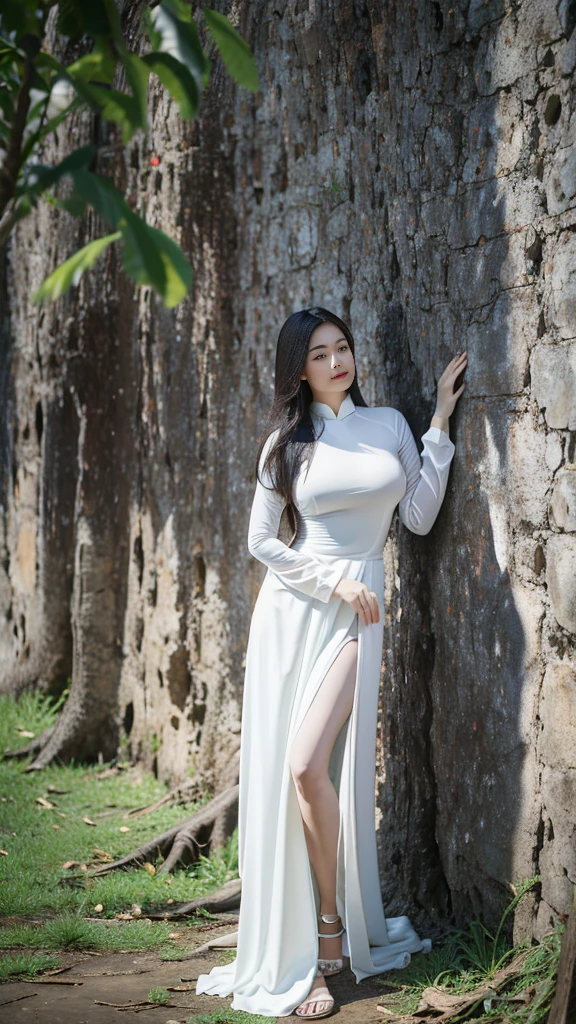 photorealistic, high resolution, 1 woman, only,See the whole body...,  hips up, Huge breasts, enormous breast, His eyes focused on his large breasts., small waist, Look at the viewer., (detailed face), Ao Dai Khao, thin, wet, Not wearing underwear, no pants, Beautiful legs, ต้นBeautiful legs, Long legs, Tilt to the side, like full body, See every part of the body., dynamic post, Incredible view, decorations, tree