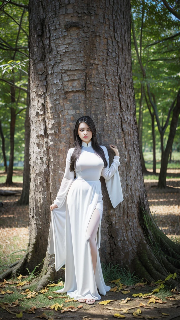 photorealistic, high resolution, 1 woman, only,See the whole body...,  hips up, Huge breasts, enormous breast, His eyes focused on his large breasts., small waist, Look at the viewer., (detailed face), Ao Dai Khao, thin, wet, Not wearing underwear, no pants, Beautiful legs, ต้นBeautiful legs, Long legs, Tilt to the side, like full body, See every part of the body., dynamic post, Incredible view, decorations, tree