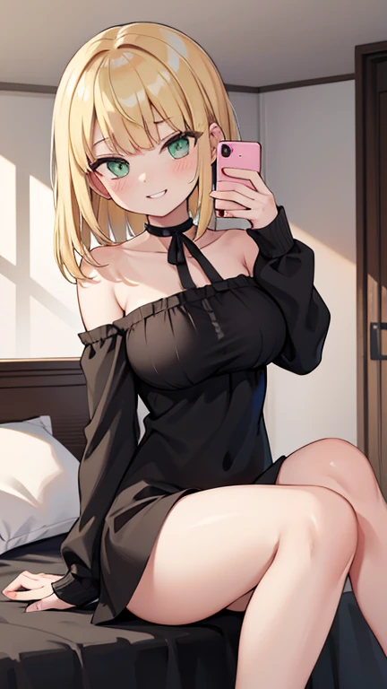 ((highest quality)), ((masterpiece)), (become familiar with), perfect face,blonde,medium hair,grated bangs,eyes without highlights,Desaturated, dark green eyes,Drooping eyes,grinning,look down,black choker,tall,big breasts,Rubbing your chest with selfie,off shoulder knit,black panties,black pumps,slender,19 years old,Show the whole body,Reflection to the toes,Bedroom,