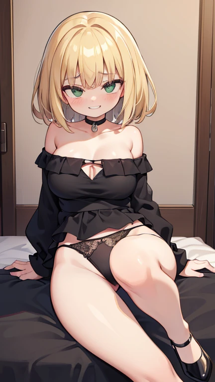 ((highest quality)), ((masterpiece)), (become familiar with), perfect face,blonde,medium hair,grated bangs,eyes without highlights,Desaturated, dark green eyes,Drooping eyes,grinning,look down,black choker,tall,,Rubbing your chest with selfie,off shoulder knit,black panties,blas,slender,19 years old,Show the whole body,Reflection to the toes,Bedroom,