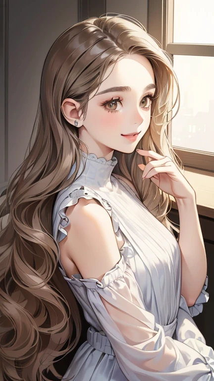 (table top, digital illustration, 4k, 8k, Super detailed, beautiful images, clear image, perfect face, perfect lines, perfect eyes, soft lighting) 1 female, (gray long wavy hair, innocent look, look at viewer, side view,Over-the-shoulder ,Thin Eyebrows ,droopy eyes, puffy eyes, tareme, brown eyes, With a round face, round chin、innocence, cute, natural makeup, smile gently,27 years old:1.3), full of light,(embarrassing, shy smile:1.2), sleeveless black knit, large Piercing